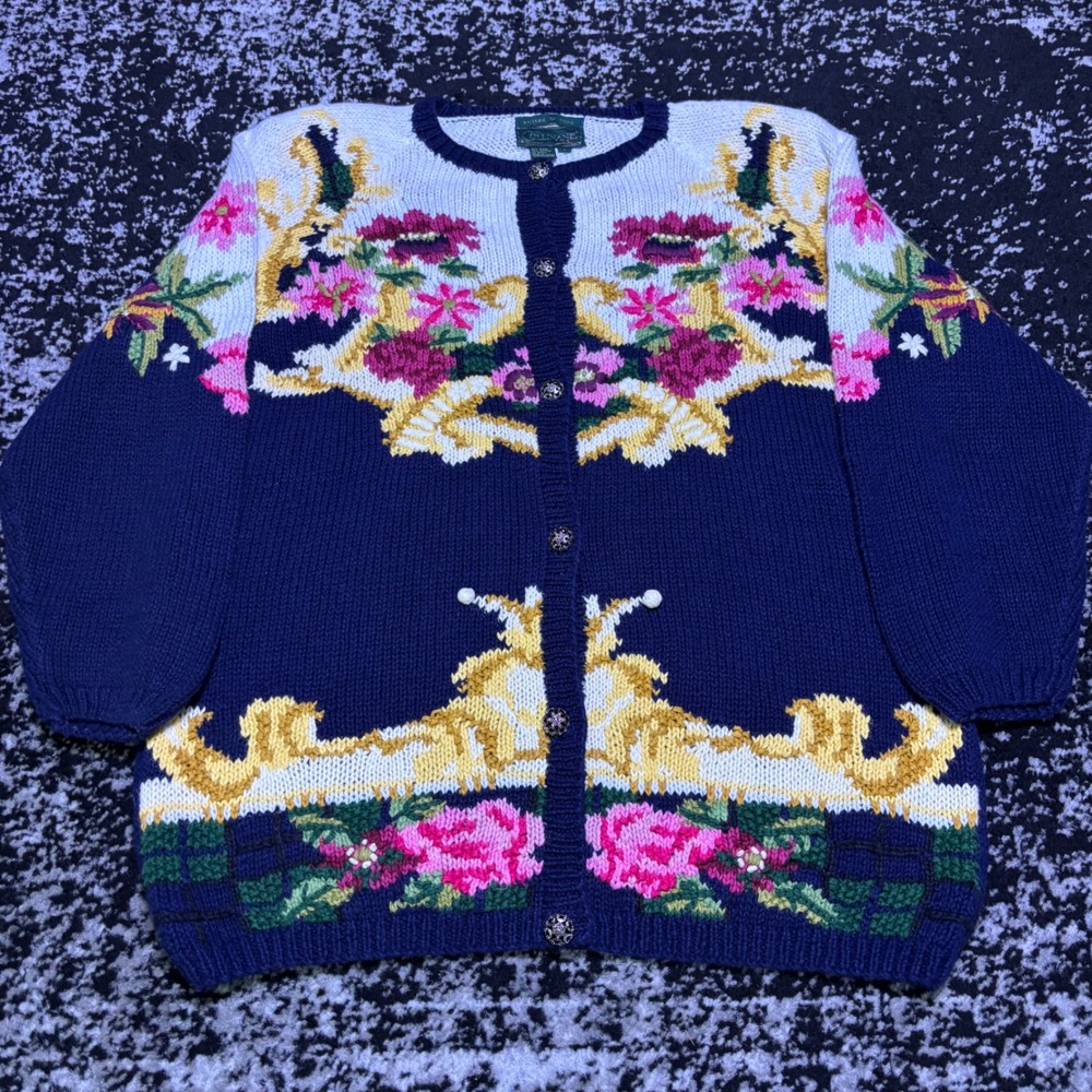 Vintage Cullinane Hand Knitted Floral Cardigan Sweater Navy Blue Ramie Cotton L